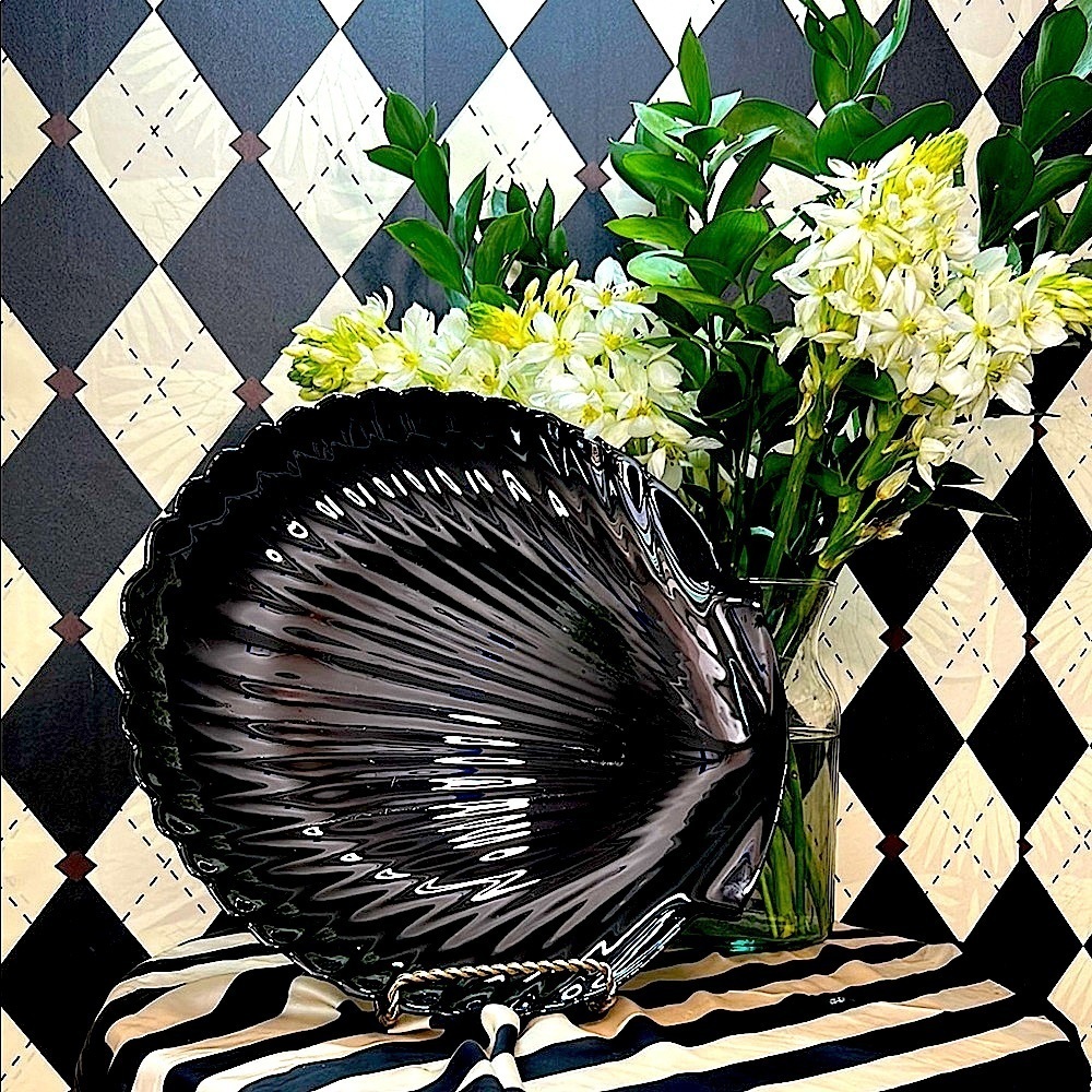 Vintage Arcoroc France Coquillage Black Glass Oyster-Shaped Serving Platter| 13”